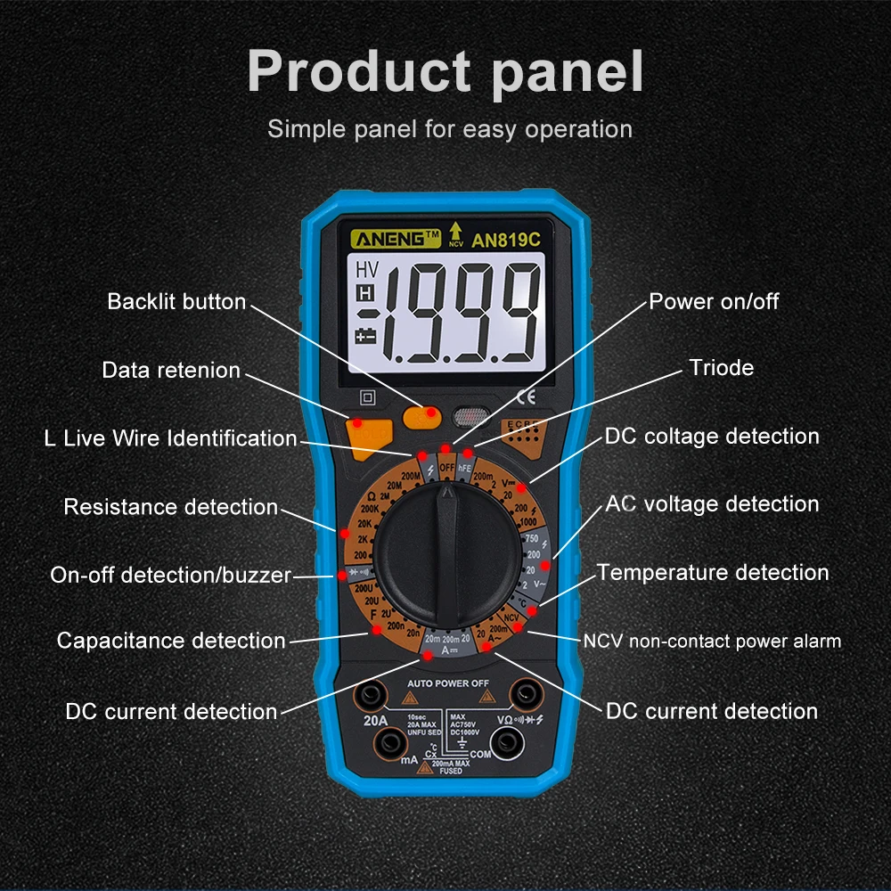 

ANENG AN819C Digital Multimeter LCD AC/DC Ammeter Resistance Capacitance Tester