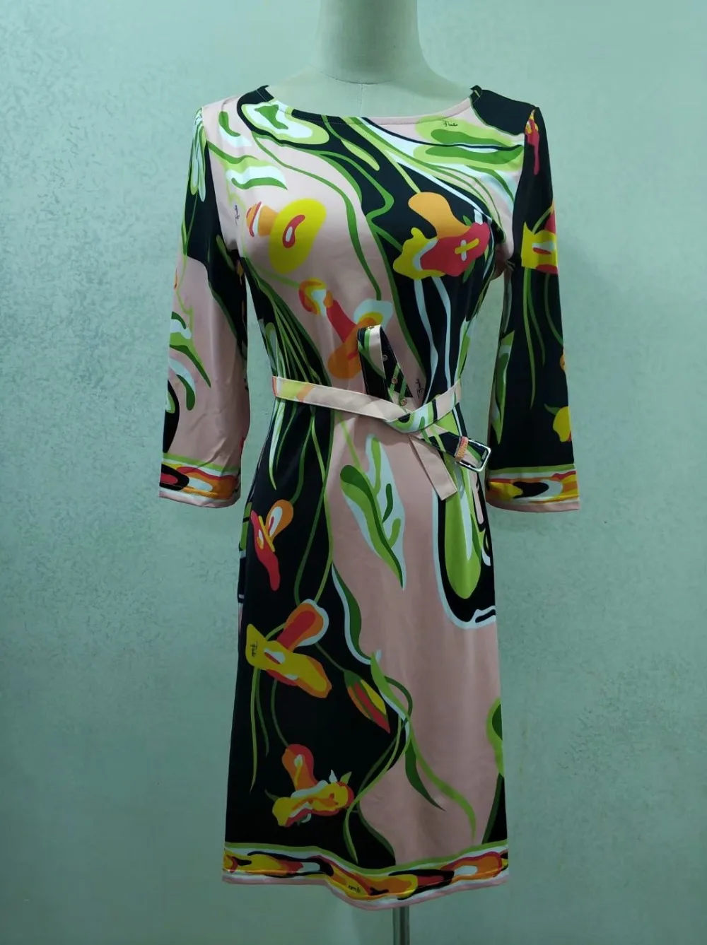 Новая мода дизайнерское платье женские 3/4 рукава Цветы печати XXL стрейч Джерси тонкий Шелковый день платье