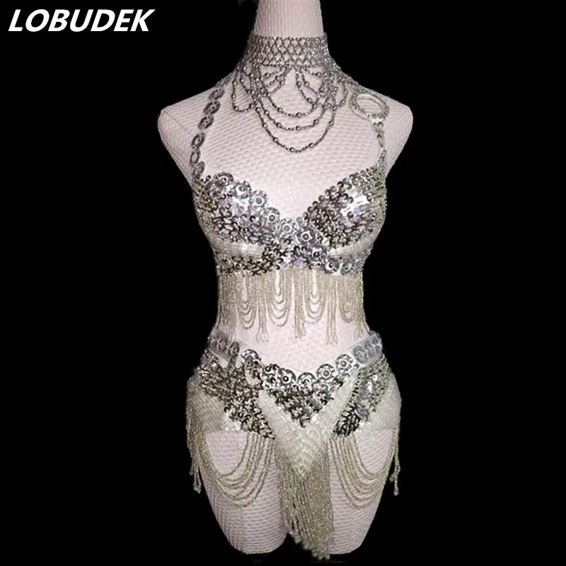 

Silvery tassels sparkly Sequins Bikini Female DJ costumes Bar Leading dancer Performance outfits Prom Model show Catwalk Costume