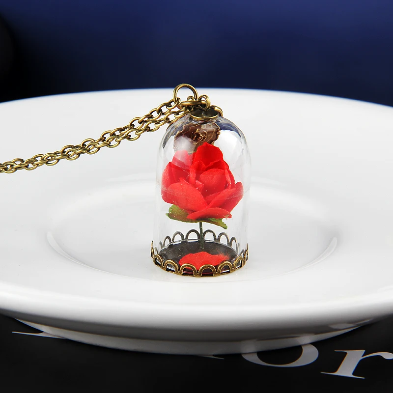 

Fairy Tale Movie Beauty And The Beast Necklace Rose in Terrarium Pendant Glass Rose Valentines Necklace Jewelry Sweater Chain