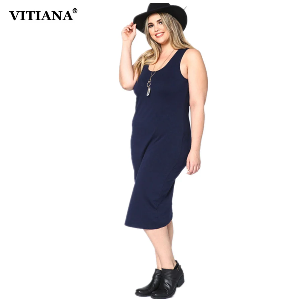 VITIANA Women Plus Big Size Knitted Casual Long Dress Female Black Dark Blue Sleeveless Tank Bodycon
