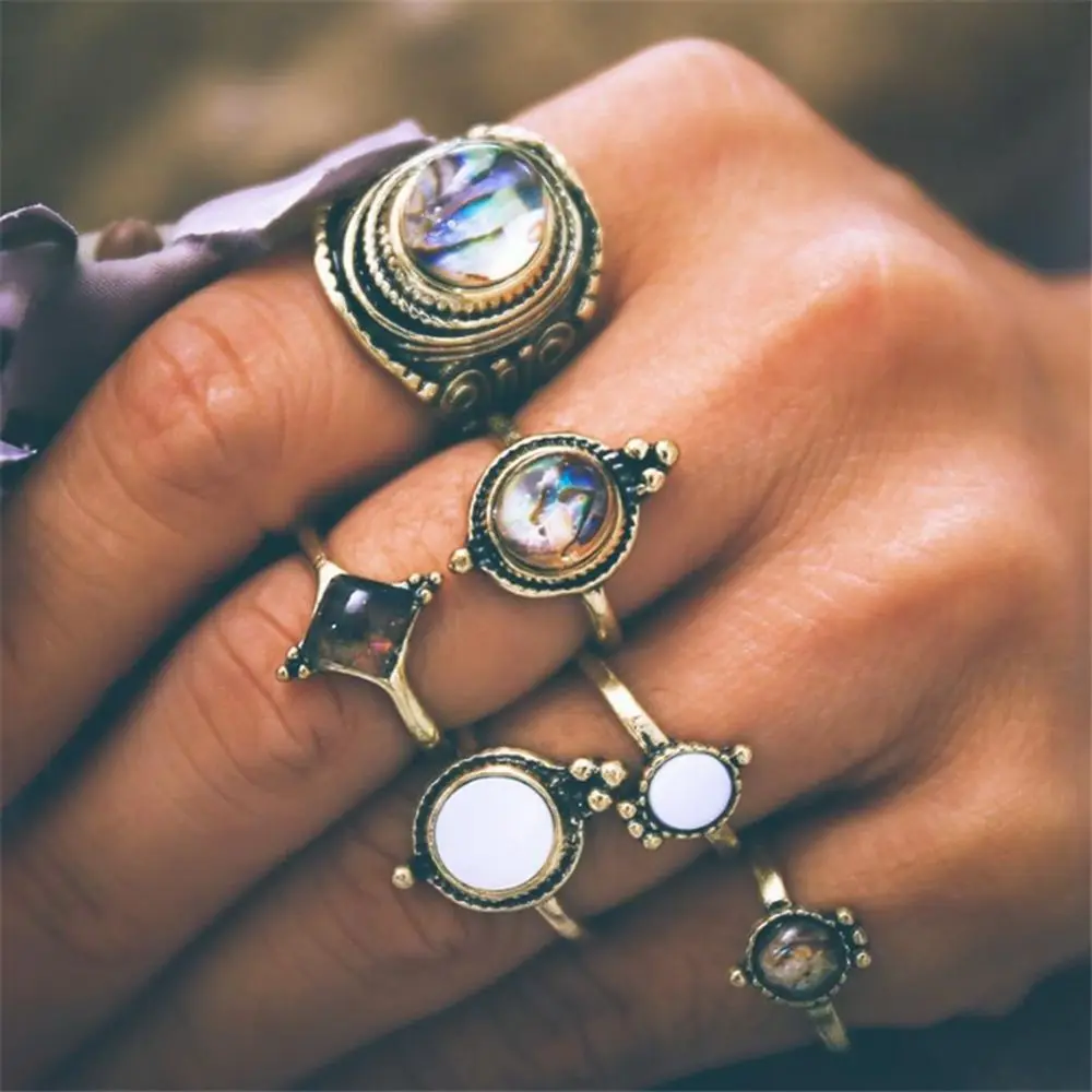 

6/7PCs Women Vintage Style Opal Finger Rings Set Antique Big Stone Midi Knuckle Ring Boho Statement Jewelry Charm brincos 2018