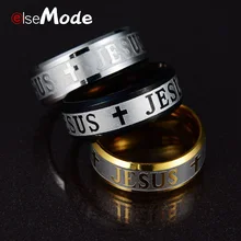 ELSEMODE alta calidad católico 8mm titanio acero plata rosa de Color oro Jesús Cruz letra Biblia boda anillo hombres mujeres