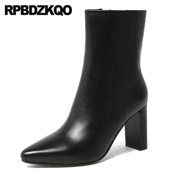 

ankle luxury genuine leather autumn boots high heel shoes brand black women winter 2018 custom short fall chunky pointed toe fur