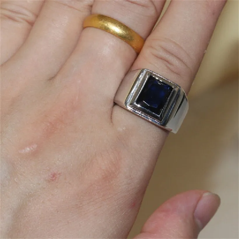 Classic 925 streling Silver 6ct Square Blue Sapphire Rings Eternal Cocktail Wedding ring for Men Wome jewelry boy Size 8-13