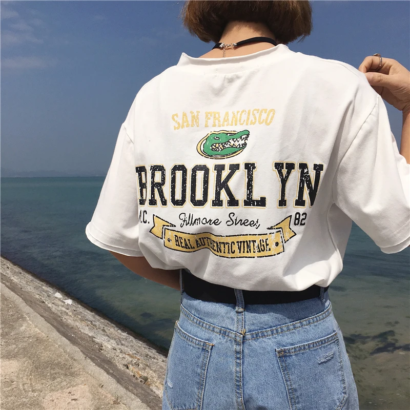 

Camiseta Mujer 2019 Spring Summer Woman Tshirt Top Korean Style Ulzzang Harajuku Letter Print Hole Short Sleeve V-neck T-shirt