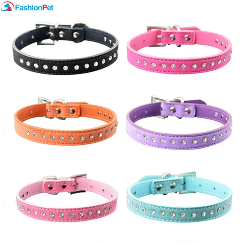 

(10Pieces/Lot) Wholesale One Row Rhinestone Dog Pet Collar Diamante Suede Pet Cat Collars XXS XS S M