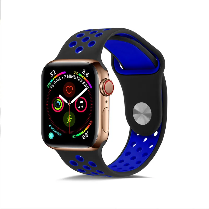 Силиконовый чехол для Apple, ремешки для часов для Apple Watch4/3/2/1 спортивные дышащие освежающий наручный ремешок для наручных часов Iwatch, ремешок серии 44/42/40/38 мм - Цвет ремешка: Black blue