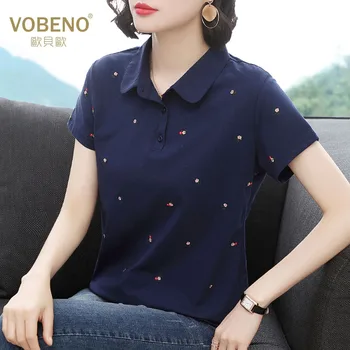 

Flip-collar embroidered T-shirt short sleeve new summer of 2020 Korean version of loose-fitting cotton jacket trend
