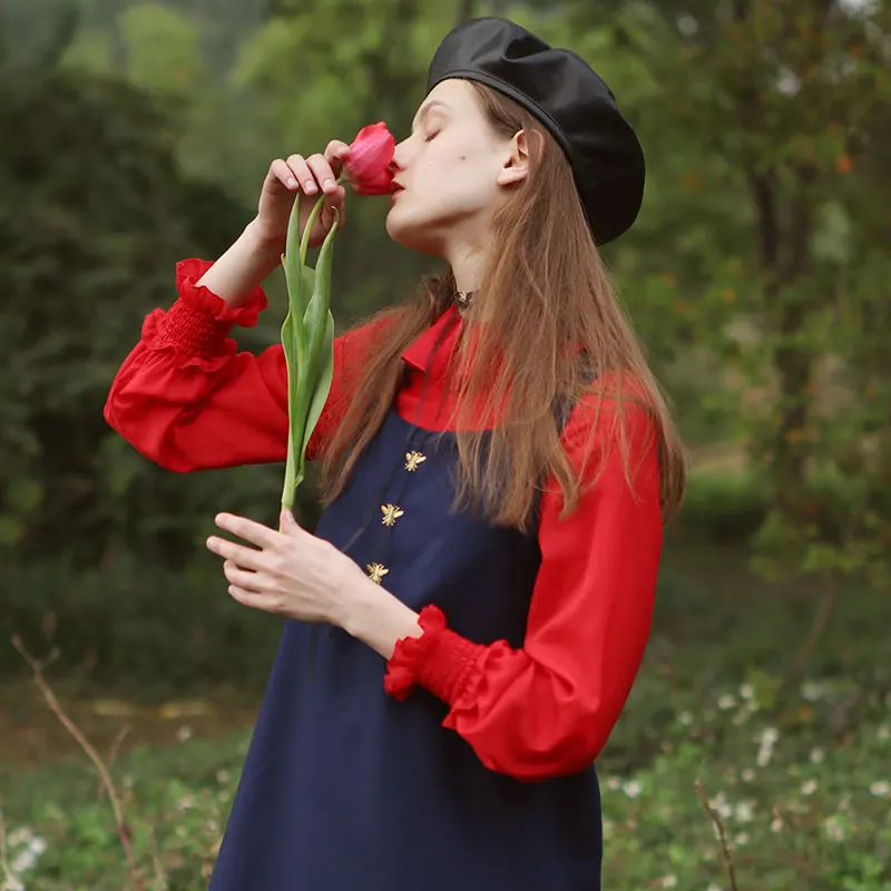 

LYNETTE'S CHINOISERIE Spring Autumn Original Design Women French Maiden Vintage Chiffon Blouses Red