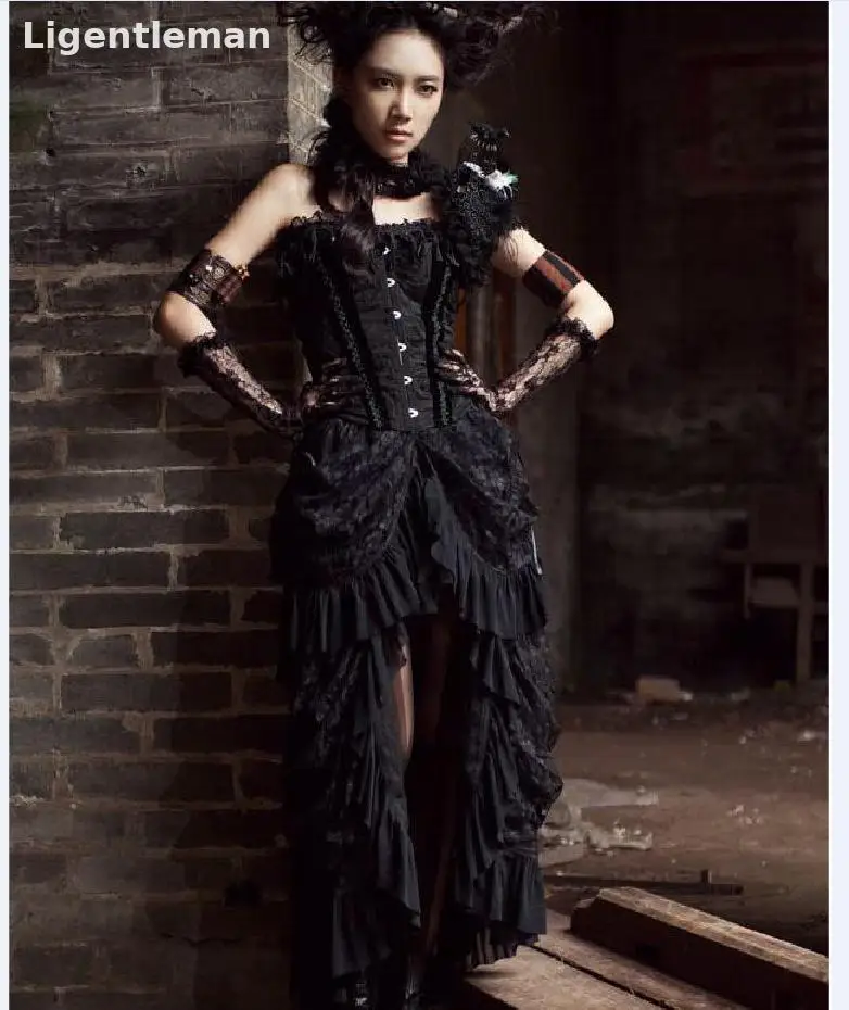 

2019 Women Gothic Banquet Dress Lace Black Empire Strapless Asymmetrical Ladies Cos Evening Party Dresses For Female 5xl 171