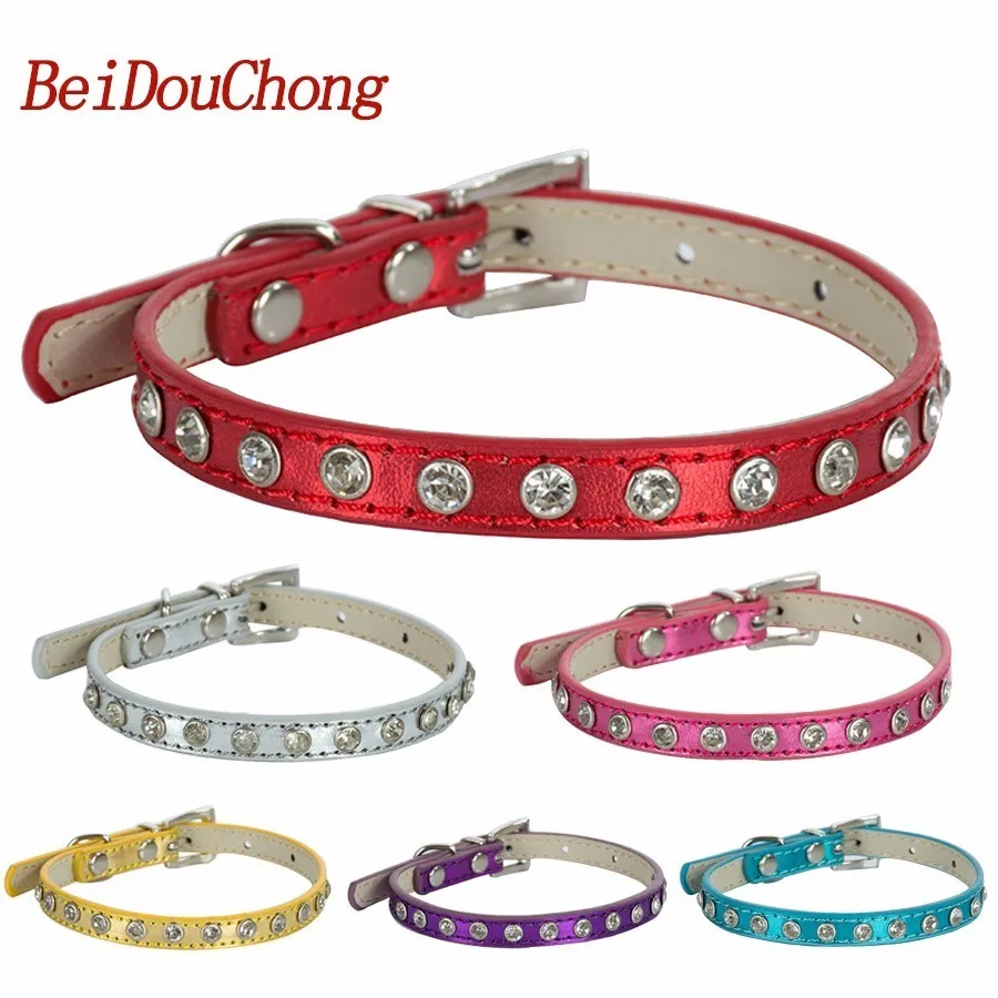 

Wholesale Pu Leather Dog Collar Fashion Rhinestones Adjustable 8-11'' Small Pet Puppy Dog Neck Strap