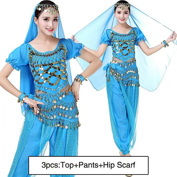 Женский праздничный костюм для выступлений, костюм для восточных танцев живота, вечерние болливудские штаны, египетская танцевальная одежда, комплект одежды, 11 цветов - Цвет: Light Blue 3pcs