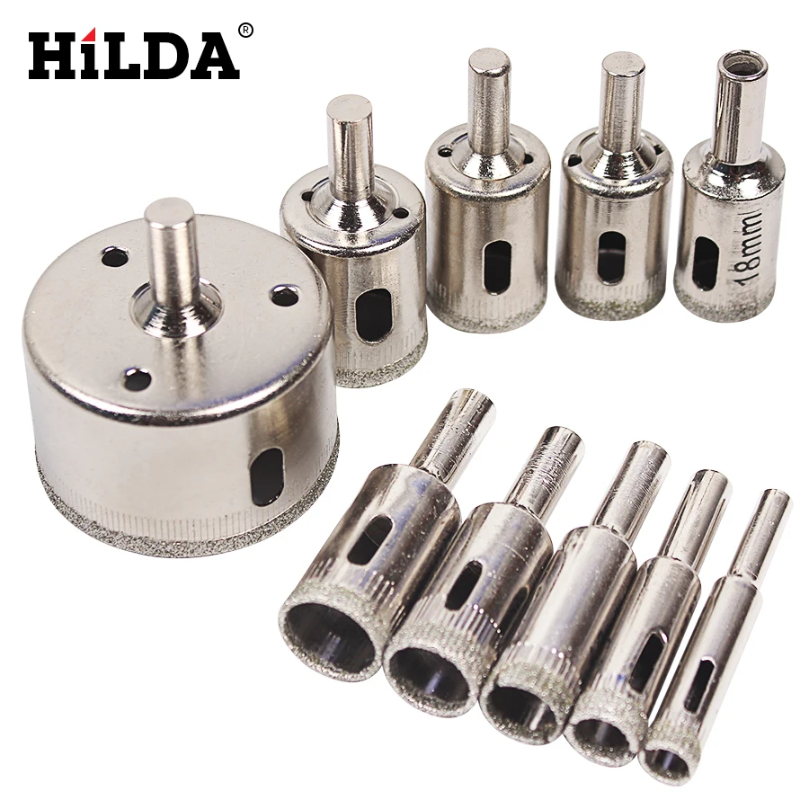  HILDA 10PCS/set 8-50mm Diamond Coated Core Hole Saw Drill Bits Tool Cutter For Tiles Marble Glass G