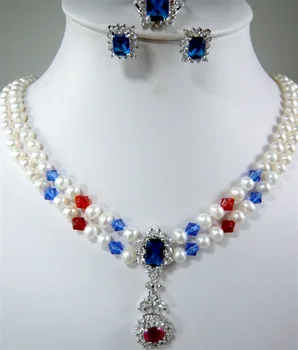 

Free shipping@@ Gift natural - double layer 7-8mm white pearl necklace drop earring ring set