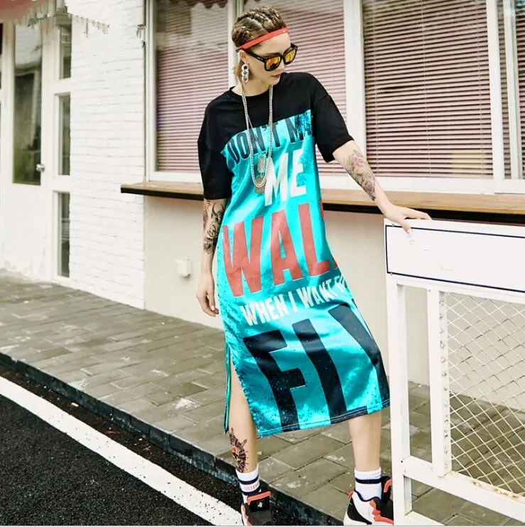 

2019 New Fashion Summer Dresses For Women Irregular Blue Letter Stitching Long Dress Hip Hop Dance Clothes Casual Car Bang