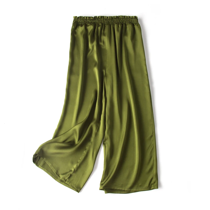 Женские брюки из натурального шелка, сатина, широкие брюки с эластичной талией, свободные штаны длиной до щиколотки, новые осенние офисные женские брюки - Цвет: Армейский зеленый
