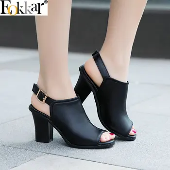 

Eokkar 2019 Thick Heel Women Thong Sandals Peep Toe High Heel PU Leather Black Casual Shoe Buckle Slingbacks Sandals Size 34-43