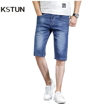 

KSTUN Men Jeans Pants Denim Short Jeans Stretch Slim Fit Light Blue Fashion Pockets Designer Man Jeans Brand 2018 Good Quality