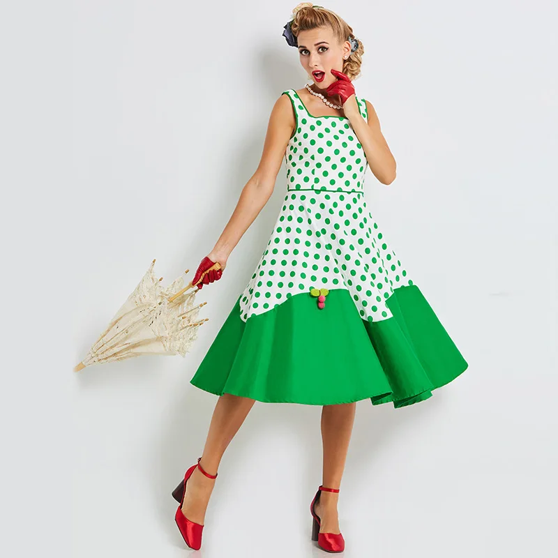 Sisjuly Женские винтажные платья в горошек в стиле пэчворк 1950 s Ретро платье трапециевидной формы милые женские сексуальные винтажные новые платья - Цвет: Green