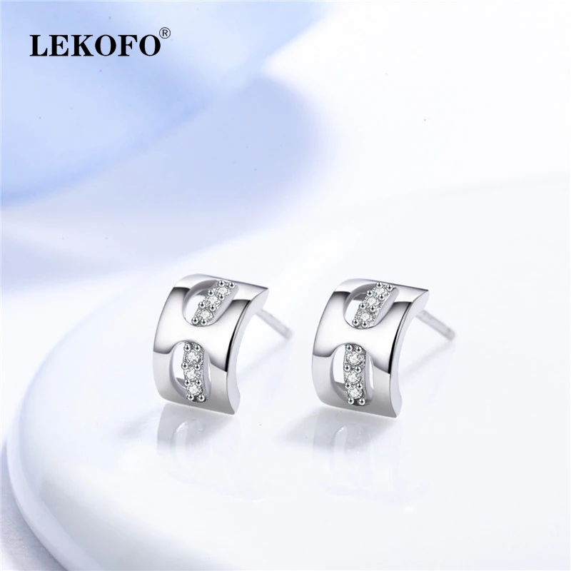 

LEKOFO Korean Simple Stud Earrings Fashion Jewelry Geometric Semicircle Crystal 925 Sterling Silver Earrings For Women