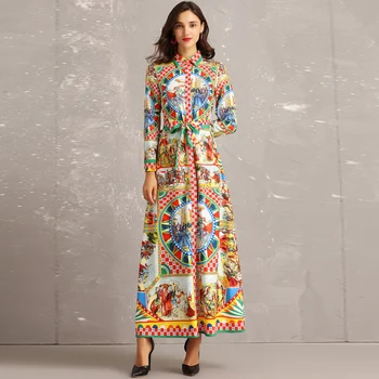 

High quality 2019 spring/summer fashion Runway long dress Women's Long Sleeve Vintage pattern Print Casual Beach Maxi Dress