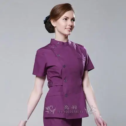 Дешевые летние женские медицинские скрабы для больниц с индивидуальным логотипом, набор узких зубных скрабов для салона красоты, униформа медсестры для спа - Цвет: purple women