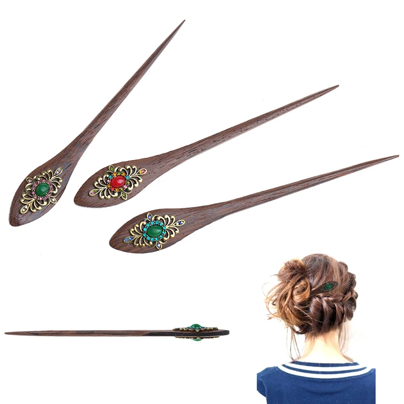 

Retro Type Women Elegant wooden Pin Colorful Hairpin Rhinestone Hair StickT52