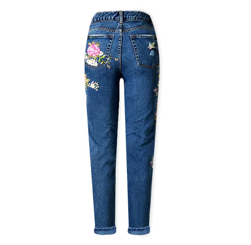 Women's three-dimensional 3D heavy process bird flower front and rear embroidery high waist Slim straight jeans large size system (11)