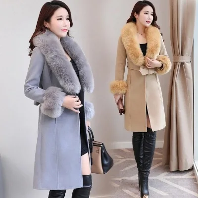 

coat female single button Long Winter Fashion Wool Coats sashes turn-down collar Wool Blend Coat and Jacket solid Hairy Femenino