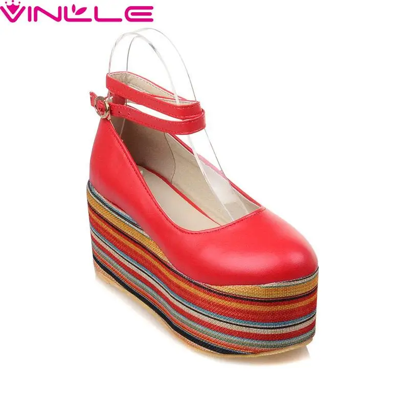 

VINLLE Round Toe Ankle Strap Miss Shoes,Wedge High Heel PU leather Spring Autumn Fashion New Women Pumps Shoes Size 34-43 Red