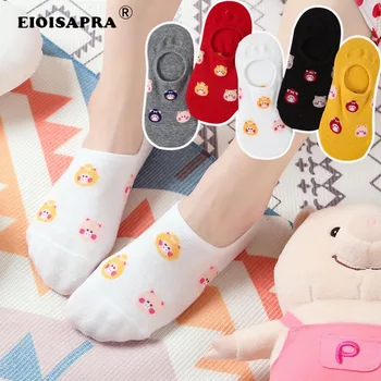 

Summer Socks Japanese Kawaii Cartoon Pink Pig Cotton Calcetines Invisible Socks Women Antiskid Silicone Candy Color Boat Socks