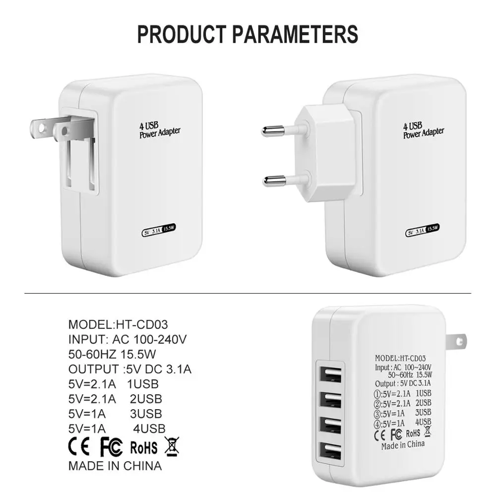 4 порта мини usb зарядное Смарт устройство настенный адаптер 5В 3.1A несколько