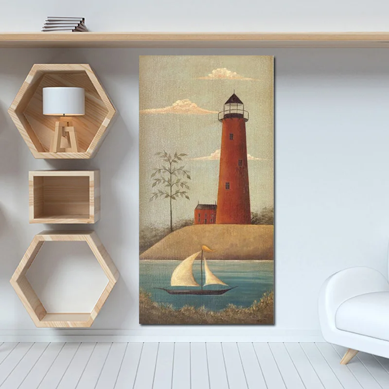 

Cartoon Pharos Sailboat Nordic Scandinavian Art Minimalist Poster and Print Painting Wall Picture for Living Room Cuadros Decor