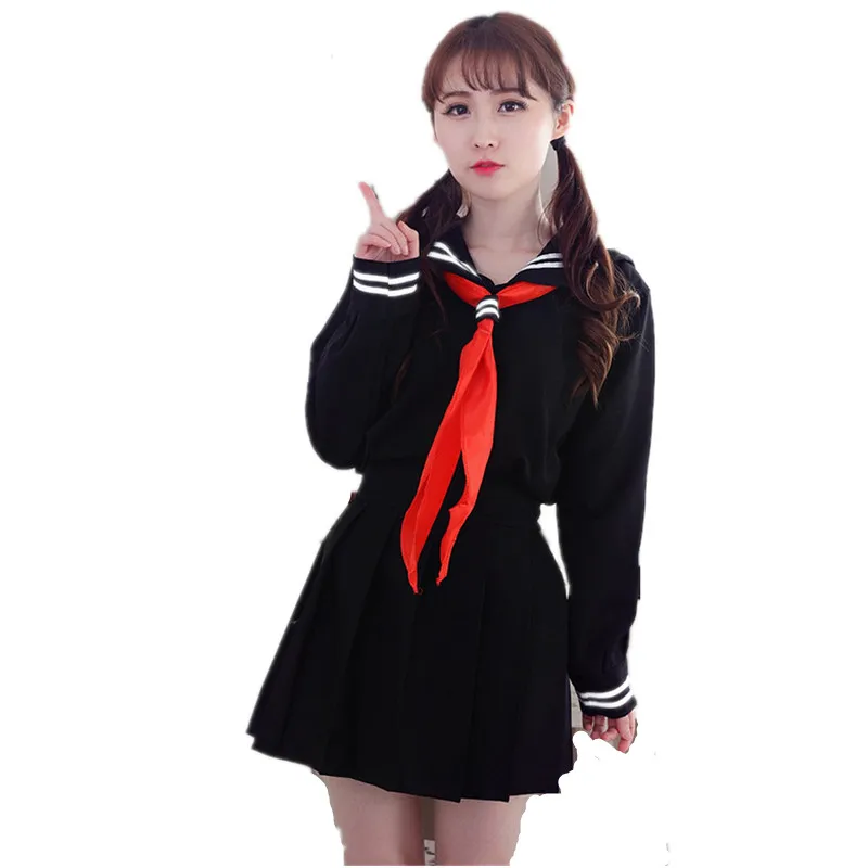 Японская школьная униформа для девочек школьный класс матрос школьная Униформа s карнавальный костюм Взрослый Аниме Косплэй костюм для девочек 3 шт./компл - Цвет: Black set