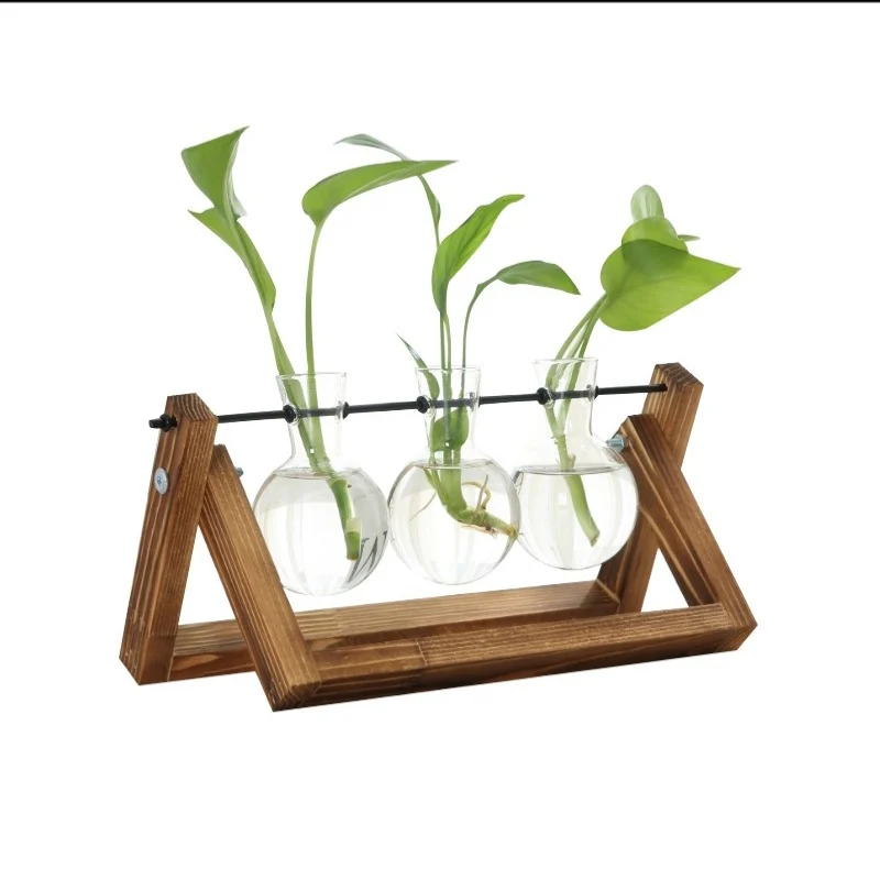 

Glass Wood Vase Planter Terrarium Table Desktop Hydroponics Plant Bonsai Flower Pot Hanging Pots with Wooden Tray Home Decor