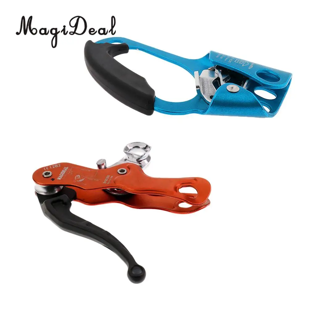 Outdoor Strong Durable Self Braking Double Stop Descender + 8-13mm Rope Access Right Hand Ascender Rock Climbing Equipment