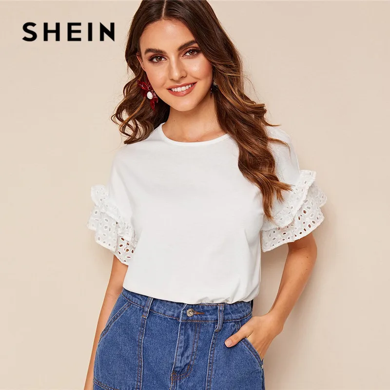 SHEIN Schiffy, футболка с оборкой, женская одежда,, короткий рукав, круглый вырез, белая футболка, рукава с воланом, одноцветные, милые женские топы