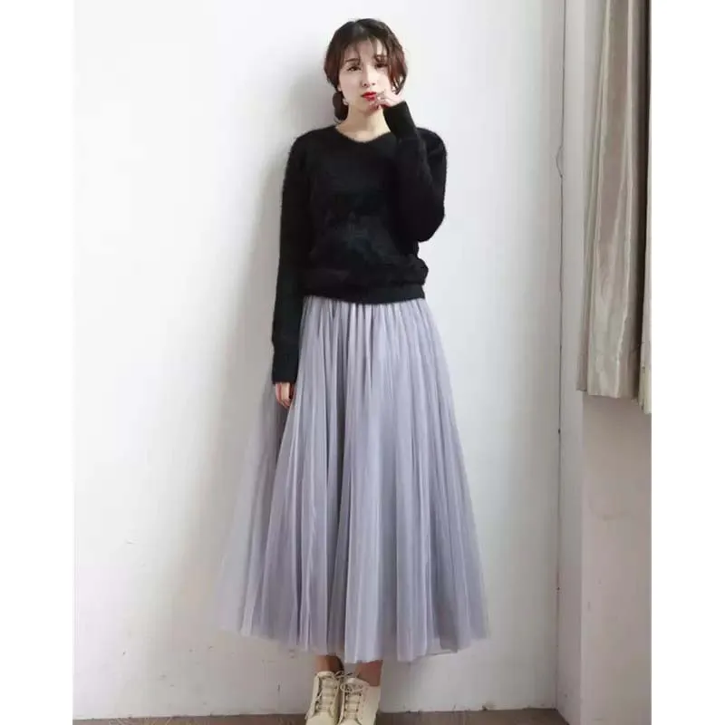 2018_Vintage_black_white_midi_Maxi_Long_Skirts_Woman_solid_Summer_plus_size_mesh_elastic_girl_Tulle_tutu_Skirt_Women_Clothing_4