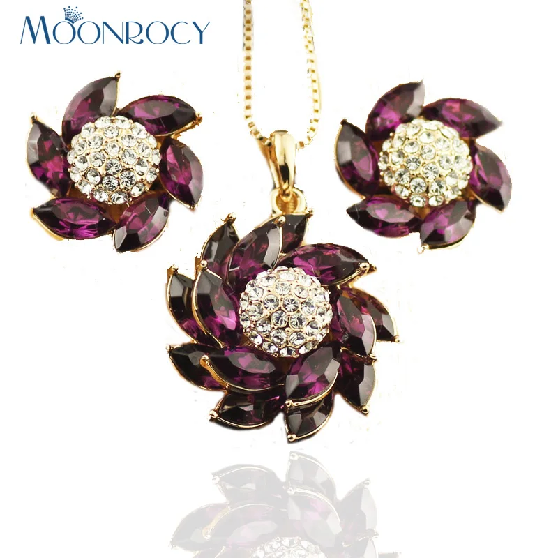 

MOONROCY Free Shipping jewelry Cubic Zirconia Rose Gold Color Purple Crystal Necklace and Earring Jewelry Set for Women