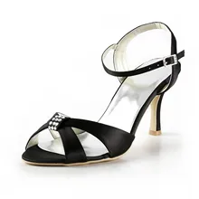 Frau Sandlas EP2014 Sexy Schwarze Heels Offene spitze Satin Strass Sandalen Hochzeit Abendgesellschaft Schuhe