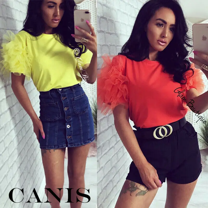 

US Women Tulle Ruffle Short Sleeve Mesh Tee Tops Ladies Crew Neck Party Loose Casual T Shirt Clubwear