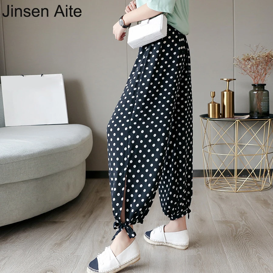 

Jinsen Aite 2019 Fashion Women's Summer Casual Retro Dot Harem Pants Loose Chiffon Trousers Stretch Waist Pantalon Femme JS792