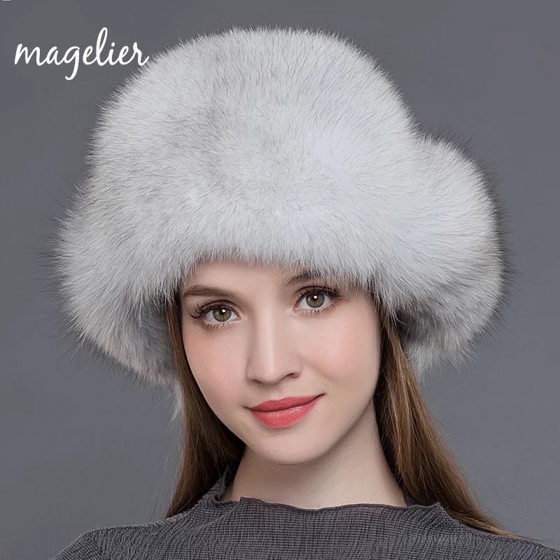 

Magelier Women's Fur Hats Natural Raccoon and Fox Fur Russian Ushanka Winter Warm Ears Fashion Bomber Caps New Arrival MZW009
