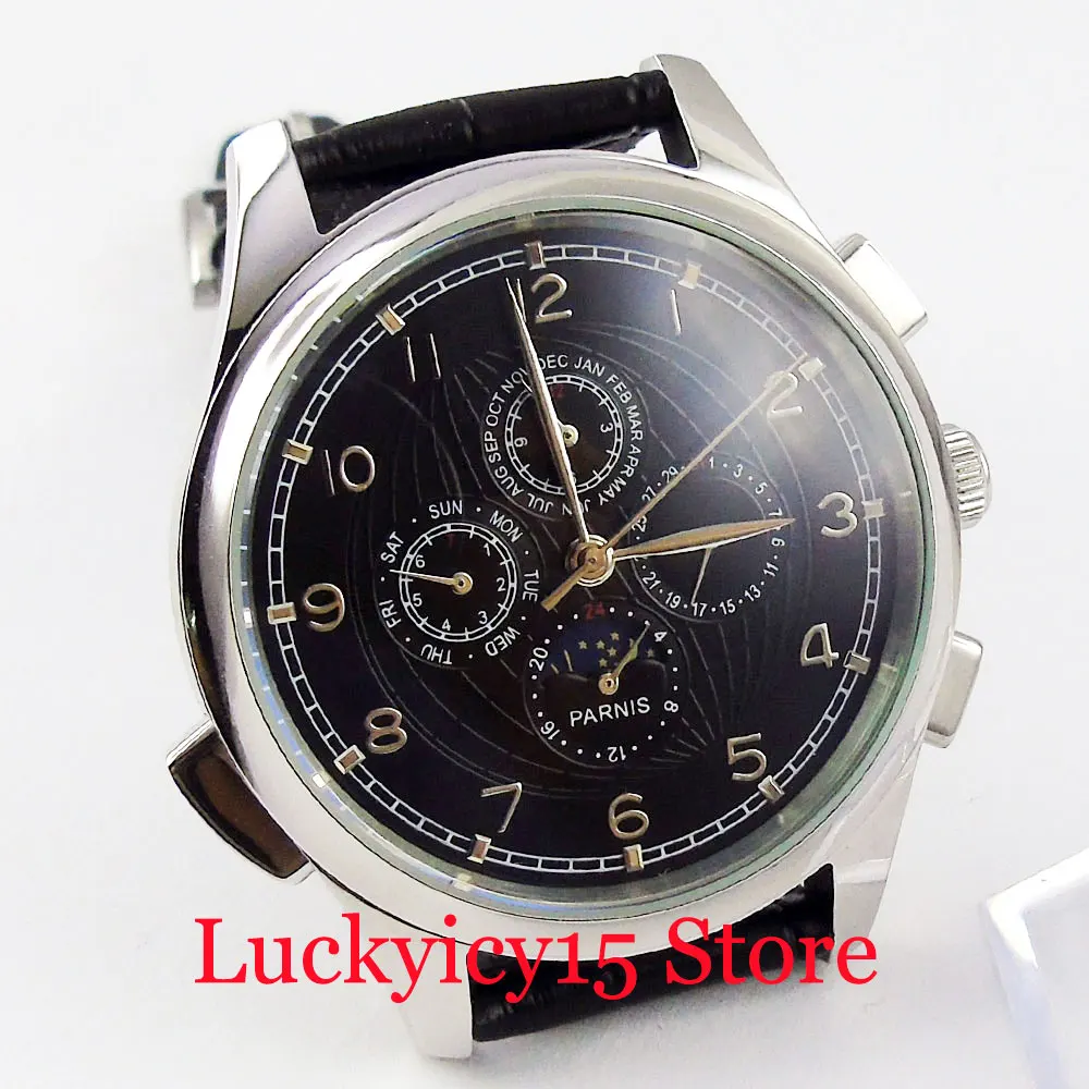 

Luxury PARNIS 44mm Black Dial Date Year Month Week Function Automatic Movement Self Winding Men's Watch