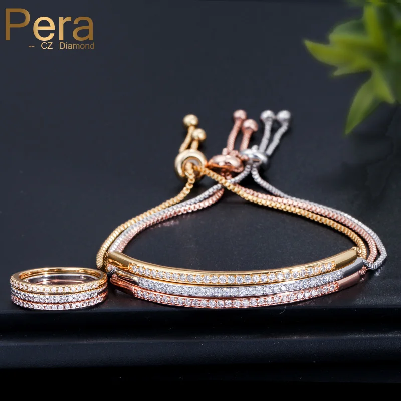 

Pera Trendy Ladies Adjustable Size Jewelry Full Mirco Pave AAA+ Cubic Zirconia Big Round Bracelets and Rings Set for women B009