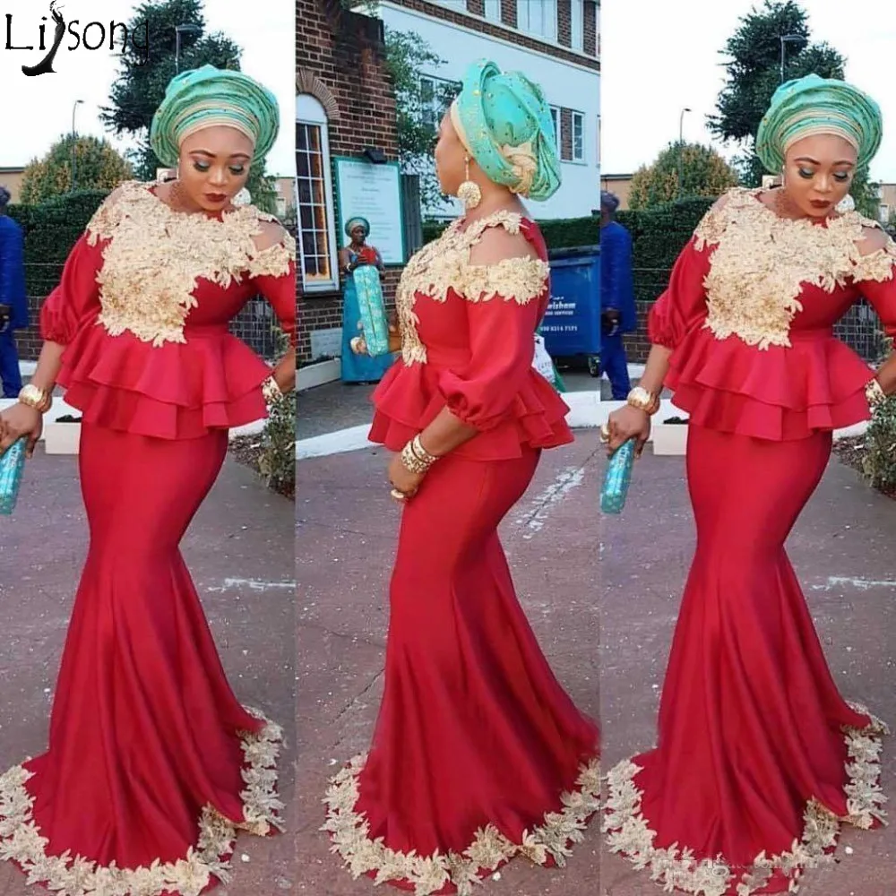 2019 New Elegent Dubai Red Mermaid Evening Dresses For Women Jewel Neck With Gold Appliques 34 Long Sleeves Peplum Arabic Party Prom Gowns139