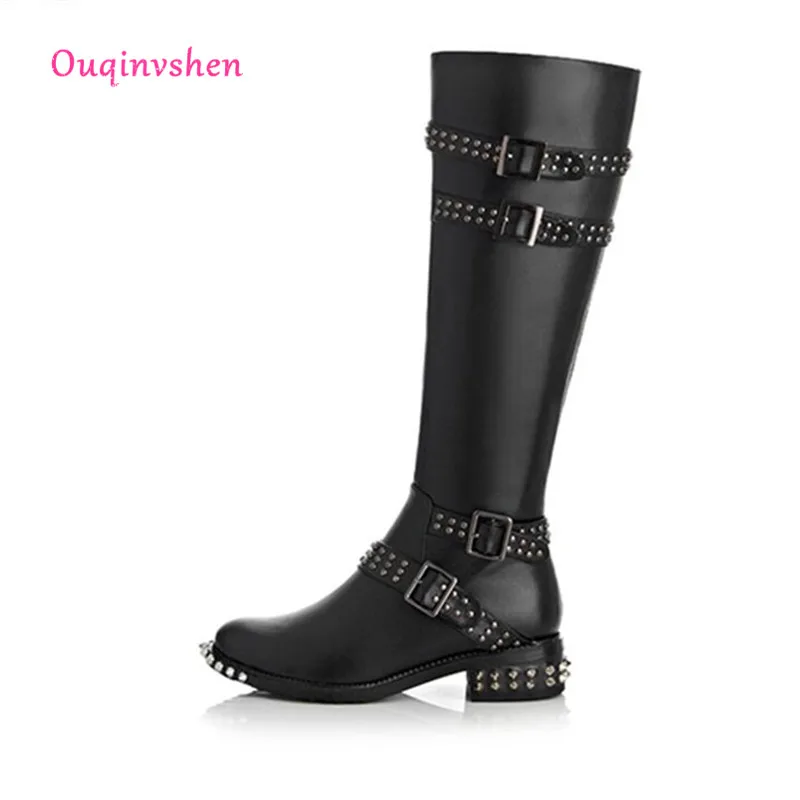 

Rivets Knee-high boots Sequined Belt Buckle High Boots Genuine Leather Woman Shoe Winter High Quality Rivets Knee-high Boots