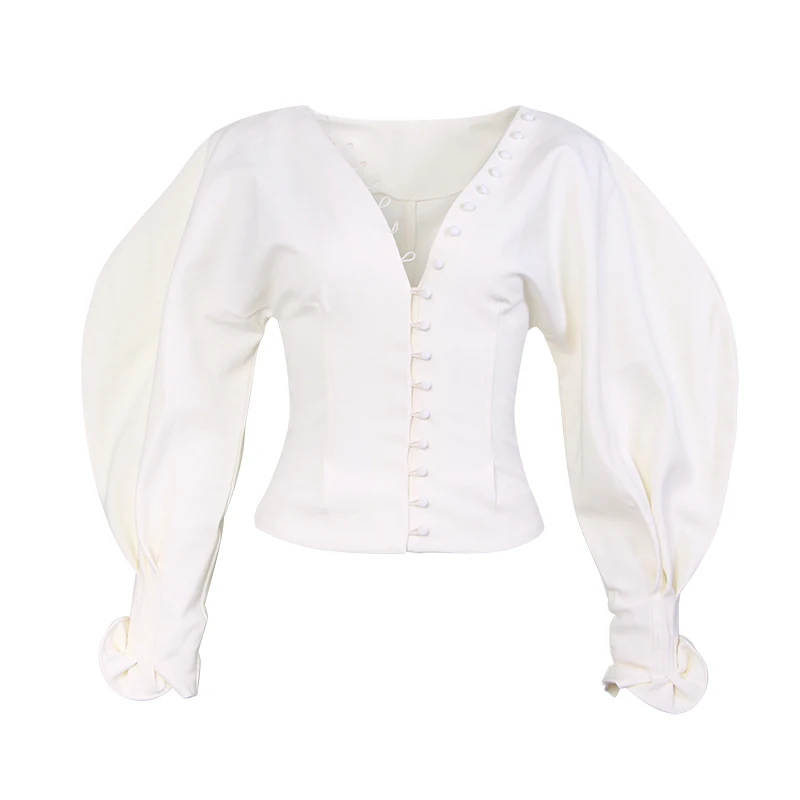 TWOTWINSTYLE, сексуальная белая блузка с v-образным вырезом, женские Рубашки, Топы, женские облегающие короткие блузки с рукавом-фонариком,, модная одежда