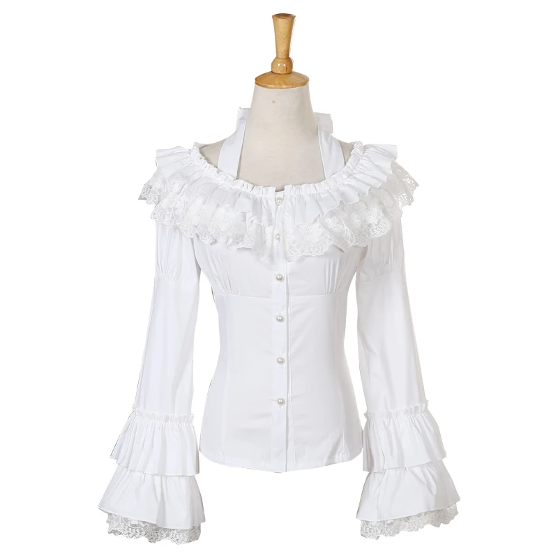 Sweet Ruffled Halter Neck Women's Button Down Shirt Long Flare Sleeve ...